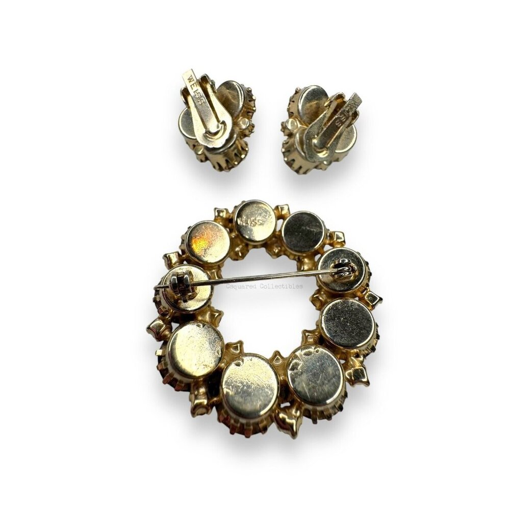 Weiss Brown Tan Topaz Aurora Borealis Crystal Brooch Clip On Earring Set Vintage - Picture 2 of 12